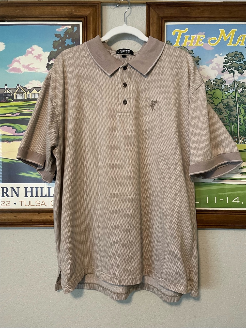 Vintage Ashworth Golf Polo Shirt XL Made in USA Beige Textured Short Sleeve Polo